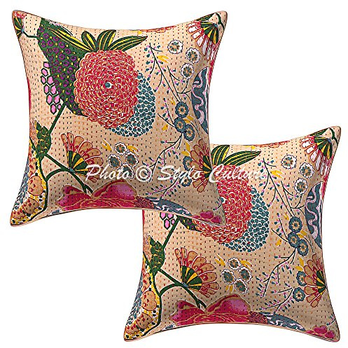 Stylo Culture Bohemio Forros para Cojines Decorativos 40x40 cm Algodón Tropicana Fundas De Almohadones Sofa Beige 16x16 Inch Kantha Cuadrado sobre Funda Cojin Silla - 2 Pcs