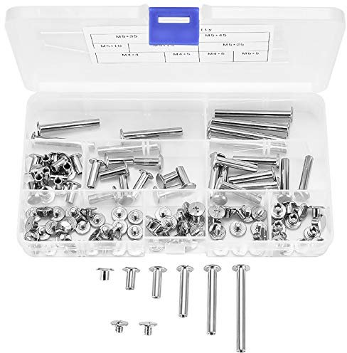 120 Stk Gürtelschrauben, Nieten für Leder, Chicago Schrauben Edelstahl Verbindungsschraube mit Sortimentsbox für DIY Lederdekoration Buchbinderei - M5 x 5/10/15/25/35/45 mm