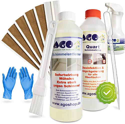 AGO Schimmelentferner Silikon Intensiv Set 11tlg. mit Ago Fugentape & 500ml Schimmelentferner und Schimmelstop/hochkonzentriertes Anti Schimmel Mittel Set/Schimmelentferner Fugen Dusche