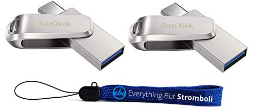 SanDisk 32GB Flash Drive (Bulk 2 Pack) Ultra Dual Drive Luxe USB Type-C for Smartphones, Tablets, and Computers - High Speed USB 3.1 (SDDDC4-032G-G46) Bundle with (1) Everything But Stromboli Lanyard