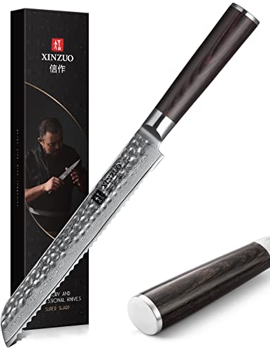 XINZUO Damaststahl 20cm Brotmesser,scharfes und haltbares gezacktes Messer professionelles Küchenmesser,ergonomischer Pakkawood-Griff mit Geschenkbox, geeignet für alle Arten von Brot und Kuchen