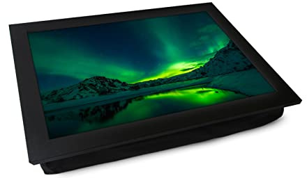 Portable Lap Tray with Cushion (Aurora Borealis) Handmade In UK | Wooden Frame, Beanbag Cushioned Bottom | Knee Desk For Computers, Laptops, Meals, Food | Easy Clean | L862 Black Frame with Black Base