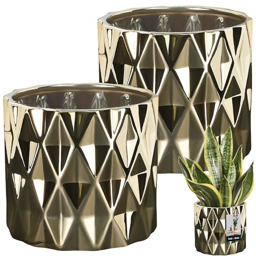 KOTARBAU® 2er Set Keramik Blumentopf Übertopf Glasiert Gold Zylindrische Form