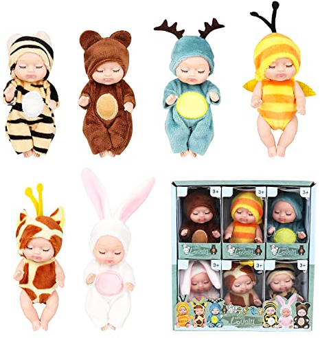 LUFEIS Mini Reborn Puppen, 6 Stück 3,5 Zoll Puppe und Kleidung Set, Mini Schlafende Wiedergeburt Puppen, New Born Baby Puppe, für Kinder ab 3 Jahren, Silikon-Baby-Puppen
