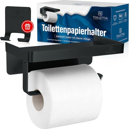 TOILETTIA Toilettenpapierhalter schwarz ohne Bohren, mit Ablage – vielseitige Ablage mit sicheren Rändern für Wertgegenstände, rostbeständiger SUS304-Edelstahl Klorollenhalter schwarz mit Ablage