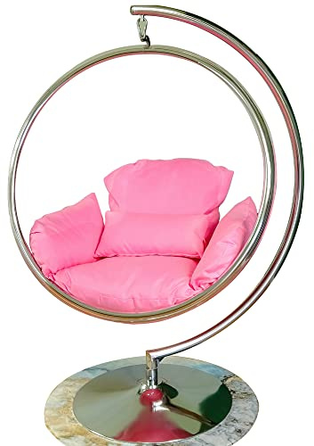 SK CHUMRA Bubble Hanging Chair Clear Acrylic Accent Swing Chair with Gold/Chrome Stand and Durable Fabric Seat Cushion (Chrome/Pink Cushion)