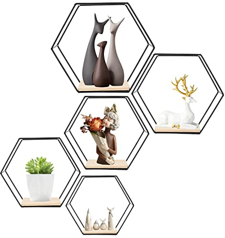 WingFly Hexagon Wandregal Ablage aus Holz Metall, 5 Größen Hängeregal Schweberegal Gitterregal Wanddeko Dekorative Regale für Wohnzimmer Schlafzimmer Küche