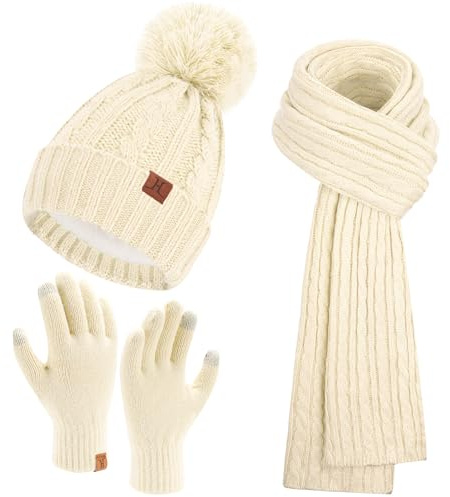Bequemer Laden Mujeres Invierno Gorro Termico Guantes Tactiles Bufanda Larga Conjunto Punto con Forro Polar Gorros Pompon Regalo Mujer