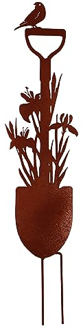 UNUS Bêche de Jardin avec Oiseau et Lys - Piquet en Métal Patiné Inoxydable - Décoration Aspect Rouille pour Terrasse, Balcon ou Pot de Fleurs