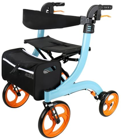 Deambulateur 4 roues pliable leger,Déambulateur d'extérieur,Déambulateur réglable en hauteur,Déambulateur pour personnes âgées,Indoor & Outdoor Deambulateur pour les personnes blue