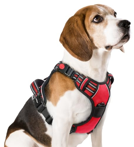 rabbitgoo Harnais Chien avec 3 Boucles, Facile à Mettre et à Enlever, Harnais Anti Traction pour Chien avec Poignée et Attache Devant, Réglable, Réfléchissant, Arnet pour Chiens Moyen, Rouge, M