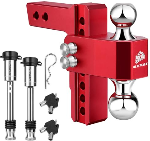 METOWARE Adjustable Trailer Hitch - Aluminum Tow Hitch Fits 2-Inch Receiver - Heavy Duty Drop Hitch with 6-Inch Drop/Rise for Truck (14,000 LBS GTW), Double Stainless Steel Locks & Hitch Pin, Red