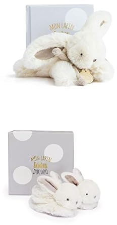 Doudou et Compagnie Lot Lapin Bonbon Taupe 16cm + Chaussons Hochet 0-6 Mois - Boîtes Cadeaux - Doux - Naissance Fille/Garçon - Garantie Doudou Perdu