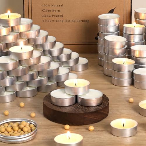 Soy Wax Tea Candles 100 Pack - 4 Hour Long Burning Tea Lights Votive Candles, 100% Natural, Paraffin-Free, Unscented Tealights for Christmas Party, Valentines, Home, Wedding, Emergency