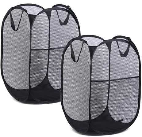 Pop-Up-Wäschekörbe, 2 Stück Faltbarer Laundry Basket Mesh, 75L Faltbarer Wäschekorb aus Mesh, Atmungsaktiver Wabennetz-Wäschekorb für Kinderzimmer College Dorm Camping und Reisen(Schwarz)