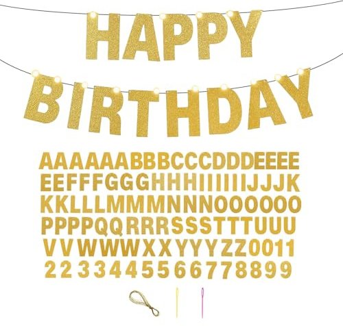Lot de 107 bannières personnalisées avec lettres et chiffres - Décoration personnalisée - Pour anniversaire, Noël, carnaval, fête (doré)