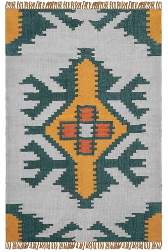 CASAVANI Tappeto Kilim Area 2x3 – Giallo Musterd & Verde Tessuto a Mano Tappeto di Lana Juta Tappeto a trama piatta Tappeto perfetto per uso interno/esterno ad alto traffico zona cucina, sala da