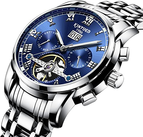 HFWXYSA Herren-Armbanduhr, automatisch, mechanisch, wasserdicht, Edelstahl, Skelett, Tourbillon, selbstaufziehend, luxuriös, Business-Armbanduhr, Blau