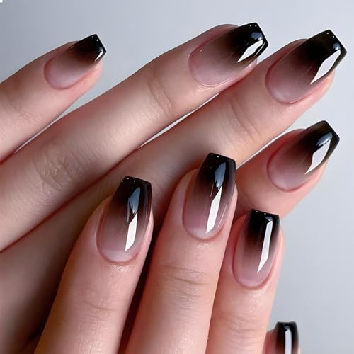 GlamRays 24 Stücke French Tip Press on Nails Kurze Coffin Schwarz Weiß Gradient Falsche Nägel Mit Design Voll Abdeckung Glänzend Klebe-auf-Nägel Wiederverwendbare