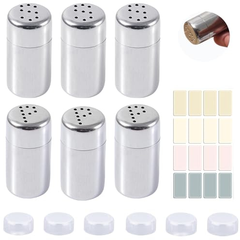 QUNXON Edelstahl Mini Salzstreuer, 6 Stück Wasserdicht Kleine Salzstreuer mit Deckel für Tisch & Küche, Gewürze Reiseset Mini mit Etikettenaufkleber, Gewürzstreuer-Set für Picknicks, Grillabende