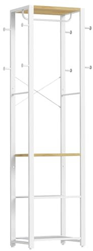 HOOBRO Garderobenständer, Garderobe mit Schuhregalen, Aufbewahrungsregal, Garderobe mit 3 Regalen, Vielseitiger Kleiderständer mit Schuh-Organizer, Weiß und Holzfarbe EWN04YM01