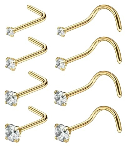 VILITI 8 Pcs Nose Stud,L Shaped Small Nose Piercing,Thin Stainless Surgical Steel Corkscrew Ring Studs,Flat Piercings Bar Dangly Nose Stuf Diamond Stud Jewelry Set,for Women Men Unisex Tiny Gift