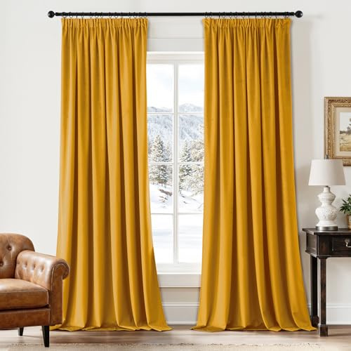 EMEMA Blickdichte Samt Vorhänge mit Kräuselband Senfgelb 2er H245xB140cm | Samt Gardinen Deko Blickdichte Vorhänge mit Kräuselband Wohnzimmer Schlafzimmer Verdunkelung Thermovorhang Samt kräuselband