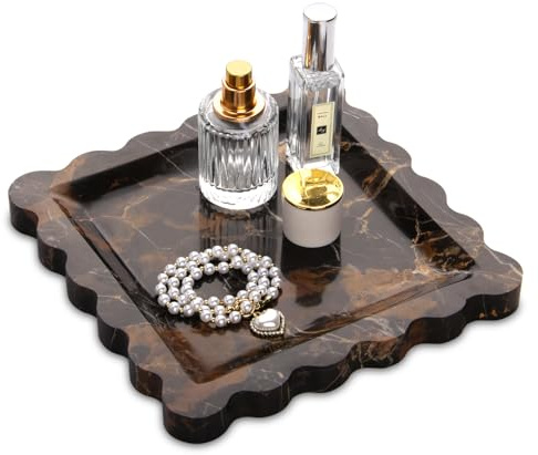 Marmor Tablett Gewelltem, Schwarzes Gold 20 x 20 cm | Kosmetiktabletts, Badezimmer Tablett, Luxuriöses Organizer, Dekotablett für Kommode, Parfüm, Toilette, Schlüsselringablage