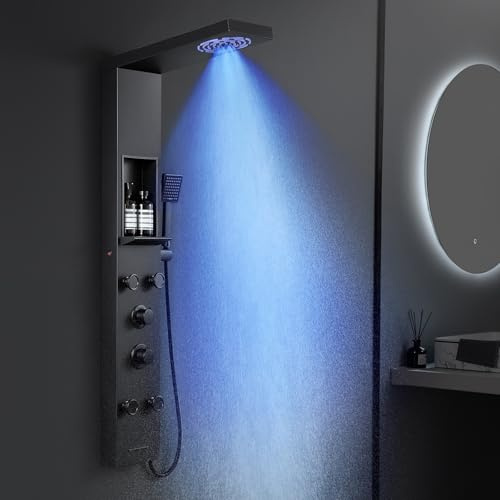 KINKIBOS Duschpaneel mit Armatur & Ablage, LED 5 Modi Edelstahl Mattschwarz