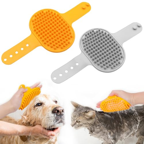 Lot de 2 brosses de bain en caoutchouc - Brosse en silicone souple de qualité supérieure - Avec poignée réglable - Pour chiens et chats - Poils courts et longs - Avec effet massant - Peignes de lavage