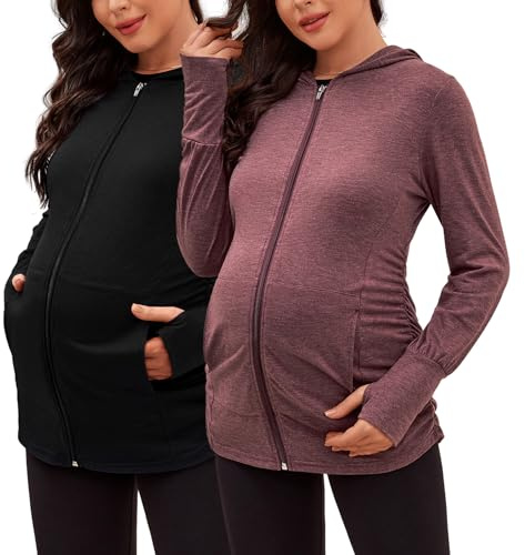 DEBELLY Umstands-Sweatshirt, langärmelig, durchgehender Reißverschluss, lässig, Schwangerschaftsjacke, Oberteil mit Taschen, Daumenloch, seitliche Rüschen, Schwarz und Burgund, M