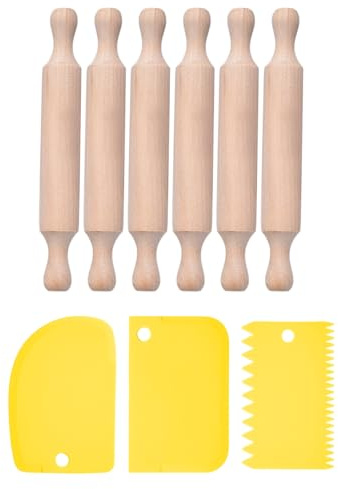 6 Pezzi Di Mini Mattarello Di Legno E 3 Pezzi Di Raschietto, Rullo Di Pasta Di Rotolamento, Crema Raschietto, Torta Di Taglio Coltello, Cottura Raschietto.