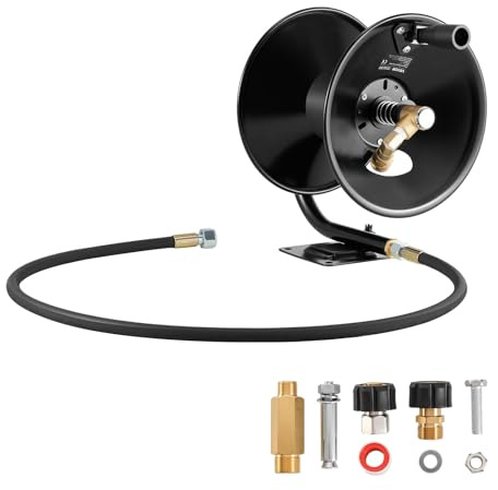 VEVOR Pressure Washer Hose Reel, 50 ft x 3/8 inch Heavy-Duty Steel Bracket-Mounted Pressure Hose Reel, Wall/Floor/Truck Mount, 4000PSI Max, Manual Power Hand Crank for Car/Floor Washing,Garden