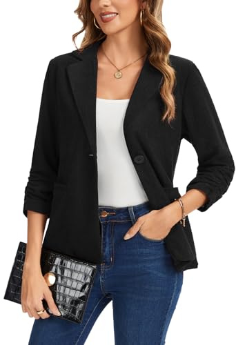 LADI TREND Women's Blazers & Suit Jackets Button Pockets 3/4 Sleeve Jacket Lapel Fashion Winter Corduroy Blazer Casual Workwear,L,Black