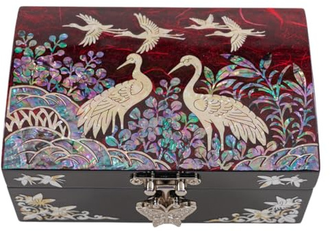 February Mountain Perlmutt Kleine Schmuckschatulle mit Spiegeldeckel, Schmuck-Organizer für Ohrringe, Halsketten, Ringe, Armbänder und Accessoires, Geschenke für Frauen, die alles haben (Crane_Red)