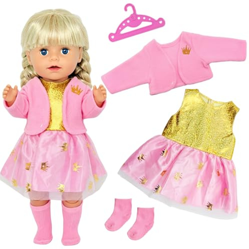 YAEGIMHT Puppenkleid,puppenkleidung für 36-43cm, 4 teilig Puppezubehör, Rosa Jacke Kleiderbügel & Puppensachen, Als Geschenk für Geburtstagsgeschenke für Mädchen für 16-18 Zoll Baby Puppe