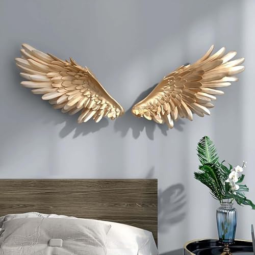 Engelsflügel Wanddekoration, 3D große weiße Engelsflügel Wandskulpturen Kunst Dekor, Wandbehang mit Federflügeln, für die Wand im Wohnzimmer und Schlafzimmer,Gold