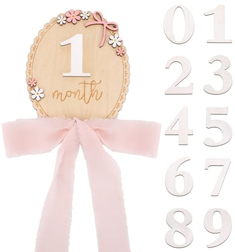 Wooden Baby Monthly Milestone Sign, 0-12 Months Newborn Milestones Card with Cute 3D Flowers Designs & Pink Ribbon Ideal Photo Prop for Recording Baby Monthly Growth