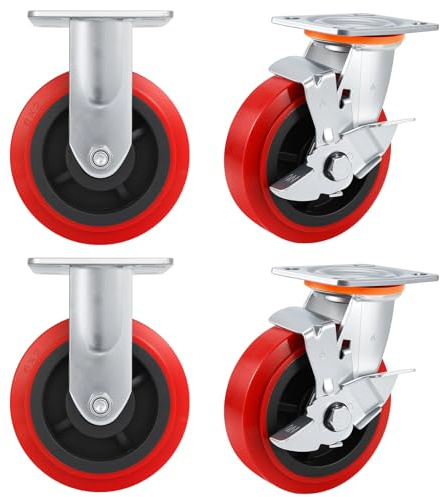 6 Inch Caster Wheels,Industrial Heavy Duty Caster Set of 4,Polyurethane Surface TPE Casters,Load 5000Lbs Swivel Brake Plate Casters,for Trolleys、Toolbox、Warehouse Handling(2Side Brake & 2 Rigid)