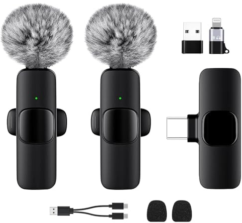 AXFEE Wireless Lavalier Microphone, Lavalier-microphones Clip | 2 Mini Lapel Microphones for i-Phone15/16/17 Android, Video Recording/LiveStream/You-Tube/Online Meeting/Tik-Tok