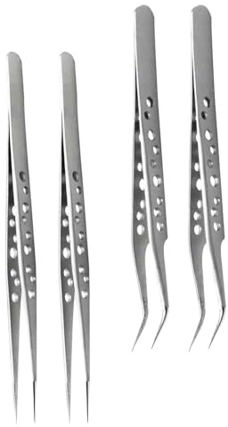 KOMBIUDA Pinzas de Precisión de Acero Inoxidable Juego de 4 Piezas Punta Recta y Curva Herramientas para Reparación Electrónica Manualidades Joyería y Laboratorio Tamaño Compacto para