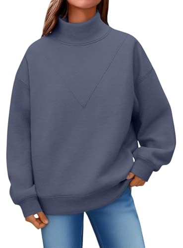Générique Dam utan huva - damtröja i plusstorlek toppar vår höst sweatshirt rena toppar enkel tröja enfärgad tröja långärmad toppar polokrage toppar, Färg: grå, M