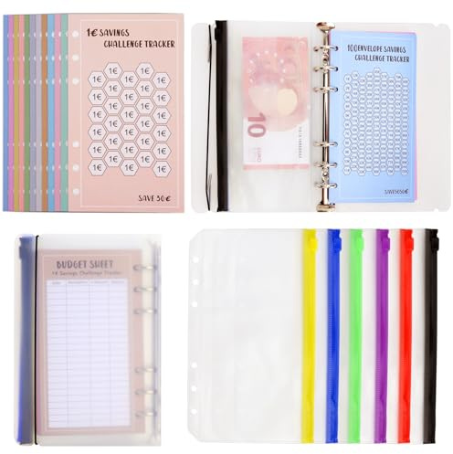 Budget Planner pengasparmapp spara pengar mapp spara utmanande budgetbinder A6 – 48 euro spårare & 12 folier, stabil A6-mapp 6 hål ringbok för hem skola kontor