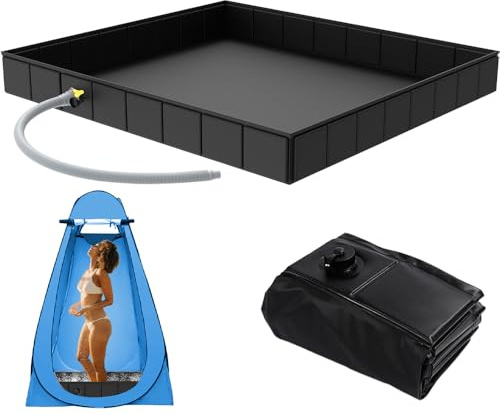KUWUNG Portable Camping Shower Tray, 104x104x14cm Foldable Shower Base, Waterproof Large Capacity Shower Pan with Drain Pipe, Camping Shower Tent Base, for Outdoor Camping, RV, Tent, Pet