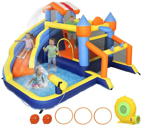 AIYAPLAY 8-in-1-Hüpfburg mit Gebläse, aufblasbarer Wasserpark, Rutsche, Trampolin, Bällebad, Fußballtor, Kletterwand, Basketballkorb, Ringwurfspiel