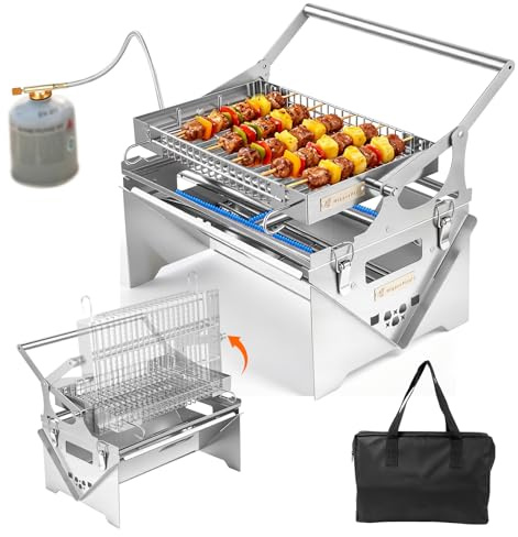 Grill Gas,360° Drehbarer Gasgrill mit Gas- & Holzkohlebetrieb,304 Edelstahl Grill,Klappgrill Tragbarer Gasgrills mit Tasche,Leicht zu Zerlegen,Campinggrill für Camping, Balkon, Garten & Outdoor