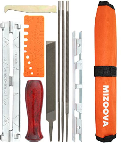 MIZOOVA - 10 Piece Chainsaw Sharpener File Kit with 4.0-4.8 - 5.5 mm Round Files, 6 Inch Flat File, Depth Gauge, Filing Guide Holder, Hardwood Handle