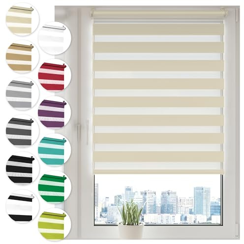 Doppelrollo Klemmfix ohne Bohren 60cm x 130cm Creme Duo Rollo Klemmrollo Sonnenschutzrollo Fensterrollo für Fenster & Türen Zebrarollo Seitenzugrollo