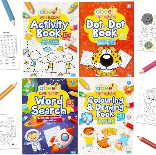 abeec Aktivitätsbücher für Kinder – 4 A4-Bücher mit Wortsuche, Punkt-zu-Punkt-Malbücher für Kinder Kinder Reise-Aktivitäten-Packs für Kinder