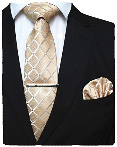 JEMYGINS Set Cravate Homme Motif Carreaux avec Pochette et Pince a Cravate pour Mariage Business et Ceremonie Champagne
